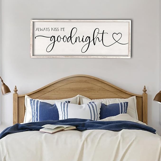 flowtorely Always Kiss Me Goodnight Wall Sign For Master Bedroom Above Bed Wall Decor 32''×12'' Large Rustic Solid Wood Frame For Farmhouse Couples Above bed Wall Art Decoration (White)