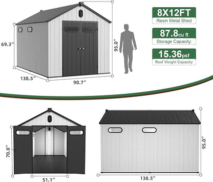 Chery Industrial 8 x 12FT Outdoor Storage, Affordable Metal Tool Shed with Lockable Sliding Shed Door and Vents,Waterproof Galvanized Steel Sheds & Outdoor Storage for Backyard, Garden(Grey)