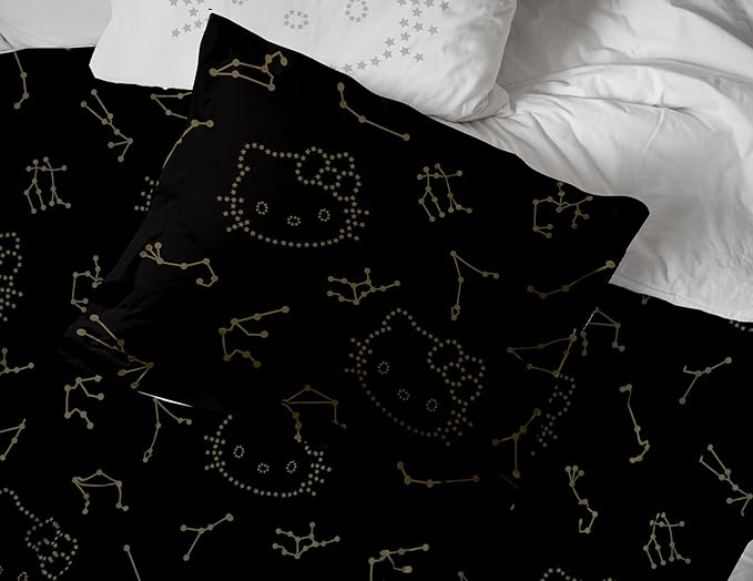 Jay Franco Hello Kitty Stars Twin Comforter Set - 5 Piece Bedding includes Sheet Set & Pillow Covers - Super Soft Zodiac Black & Gold Bedding