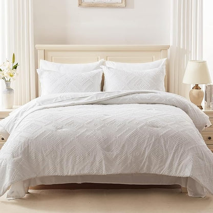 EMME Queen Comforter Set - 7 Pcs White Boho Bedding Sets, Full Size Tufted Comforter with Sheets, Shabby Chic Embroidery Bed Set Fluffy Bed Bag for All Season(90"X90")