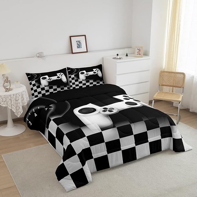 Erosebridal Gamer Comforter Set King,Gaming Bedding Set for Kids Teens,Black and Grey Buffalo Plaid Reversible Duvet Insert,Novelty Gamepad Pattern Down Comforter with 2 Pillow Shams Lightweight