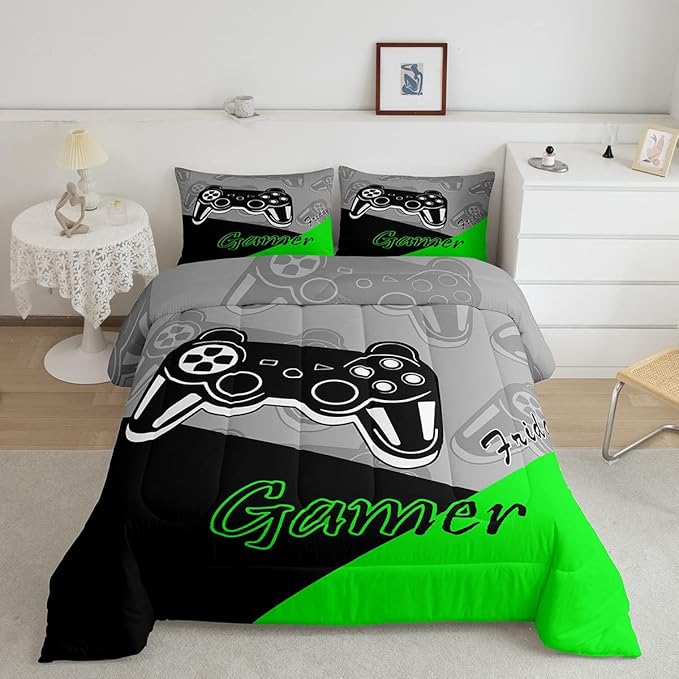 Feelyou Gamer Comforter Set Gaming Bedding Set for Teens Boys Video Game Decor Comforter Game Controller Quilted Duvet Set 1 Comforter with 2 Pillowcases King Green