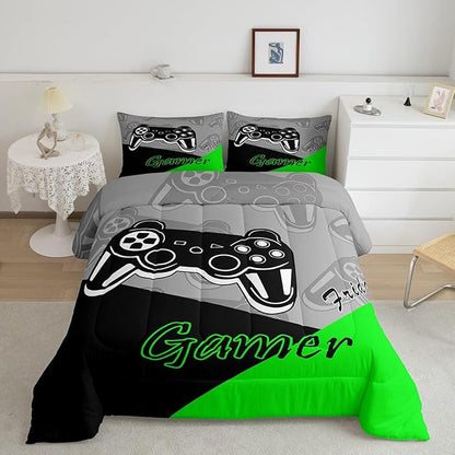 Feelyou Gamer Comforter Set Gaming Bedding Set for Teens Boys Video Game Decor Comforter Game Controller Quilted Duvet Set 1 Comforter with 2 Pillowcases King Green