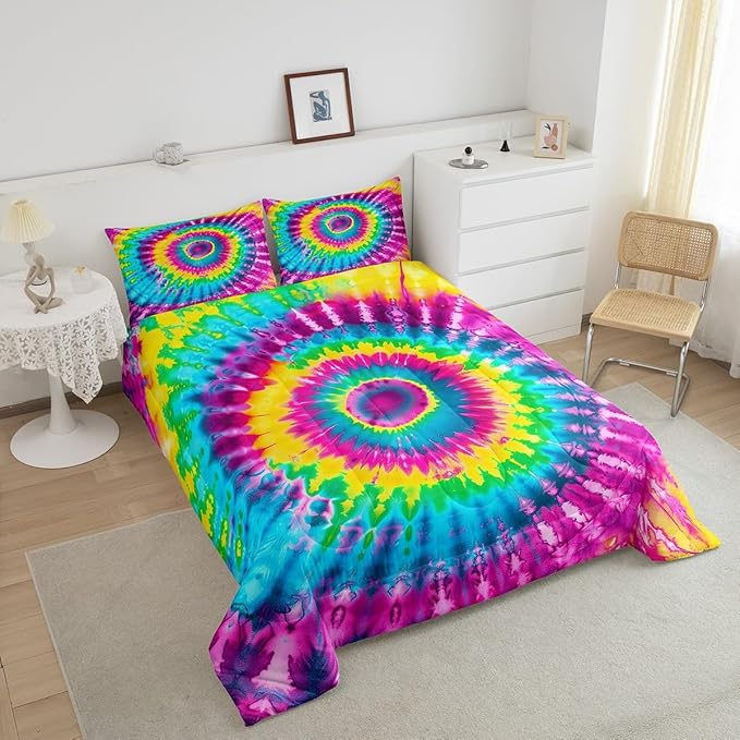 3 Piece Rainbow Tie Dye Comforter Set with 2 Pillowcases Boho Psychedelic Bedding Set for Kids Girls Teens Bohemian Gypsy Exotic Spiral Quilted Duvet Soft Comfy, Watercolor Art Down Comforter,Queen