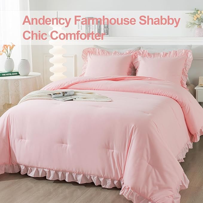 Andency Pink Ruffle Comforter King, 3 Pieces Solid Farmhouse Shabby Chic Comforter, Vintage Rustic Lightweight Soft Microfiber Bedding Set All Season (104x90Inch Comforter)