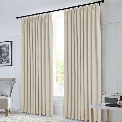 Macochico Ivory White 100% Blackout Linen Curtains 96 Inches Long Pinch Pleated Curtains for Bedroom Living Room Nursery Farmhouse Insulated Sound Reducing Drapery with Tieback 84”Wx96”L 1 Panel