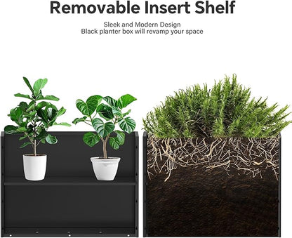 Heavy-Duty Galvanized Steel Planter with Removable Insert Shelf & 4 Drainage Holes - 32x12x24 Inches Large Size Planters for Outdoor/Indoor Patio, Black