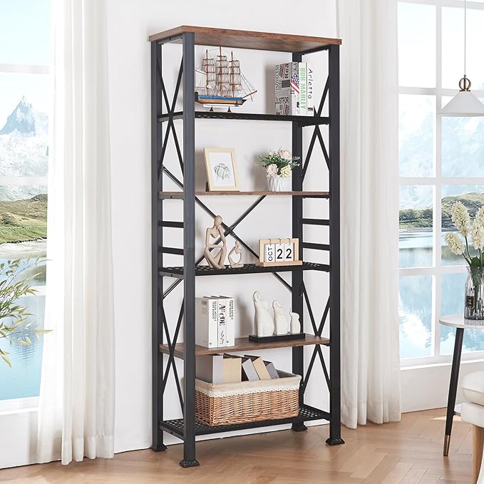 HOMBAZAAR Bookshelf, 6-Tier Industrial Bookshelf, Etagere Bookcases and Bookshelves, Tall Bookshelf Storage Organizer, Freestanding Bookshelf for Living Room, Bedroom and Home Office, Brown