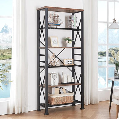 HOMBAZAAR Bookshelf, 6-Tier Industrial Bookshelf, Etagere Bookcases and Bookshelves, Tall Bookshelf Storage Organizer, Freestanding Bookshelf for Living Room, Bedroom and Home Office, Brown