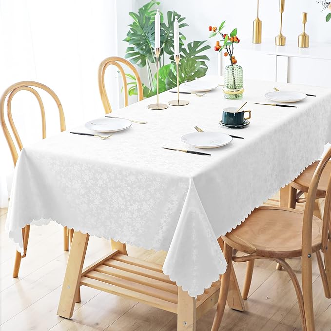 Smiry Rectangle Waterproof Heavy Duty Vinyl Tablecloths, 60 x 102 Inch | Wipeable Washable Floral Embossed Table Cover for Kitchen and Dining Room, Indoor & Outdoor Use, White