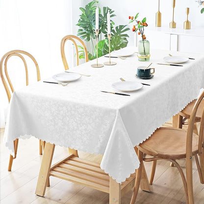 Smiry Rectangle Waterproof Heavy Duty Vinyl Tablecloths, 60 x 102 Inch | Wipeable Washable Floral Embossed Table Cover for Kitchen and Dining Room, Indoor & Outdoor Use, White