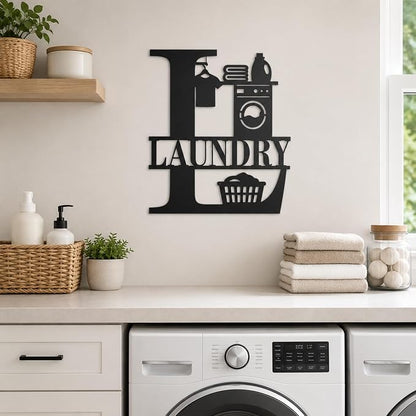 Laundry Room Metal Wall Decor, Farmhouse Laundry Sign, 14 Inch | 14-inch matte black metal laundry room sign with pre-drilled holes for farmhouse, modern, or rustic wall decor.