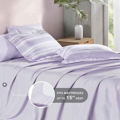 Codi Lavender Purple Queen Comforter Set with Sheets, Striped Bed in a Bag Reversible for All Seasons, Cationic Dyeing Bedding Sets with Comforter, Sheets, Pillowcases & Shams