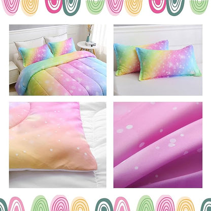 Girls Unicorn Bedding Set 3 Piece Rainbow Comforter Set for Teen Girls Adults with Sparkle Stars Soft Bedding Sets Machine Washable, Multi, Queen