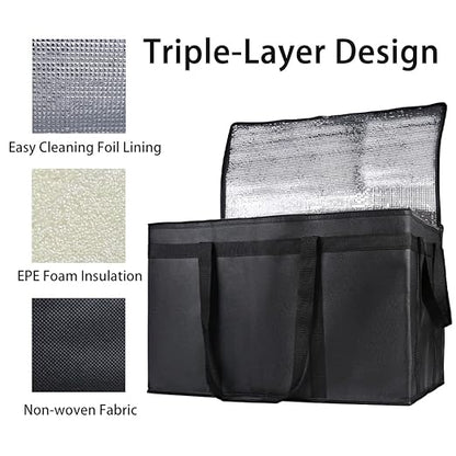 Bodaon Insulated Food Delivery Bag with Hard Bottom, XXXL, Black, 2 Pack | Heavy Duty Thermal Catering Tote for Hot Pizza, Cold Drinks & Meal Boxes for Delivery Staff, Restaurants, and Outdoor Events