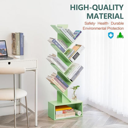 Yoobure Tree Bookshelf - 6 Shelf Retro Floor Standing Bookcase, Tall Wood Book Storage Rack for CDs/Movies/Books, Utility Book Organizer Shelves for Bedroom, Living Room, Home Office Green