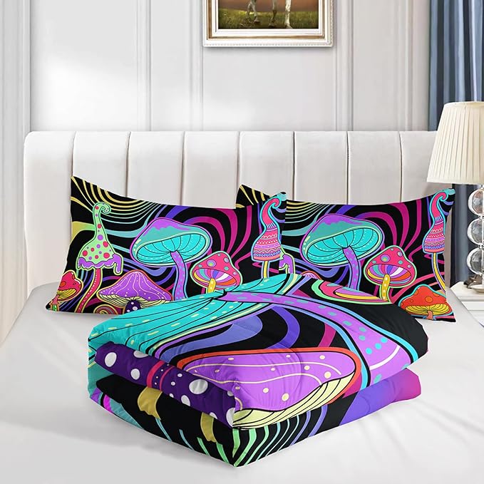 Colorful Mushroom Comforter Set Queen Size Kids 3D Mushroom Bedding Set Cute Hippy Theme Quilt Bed Set for Boys Girls Adults with 1 Comforter and 2 Pillowcases
