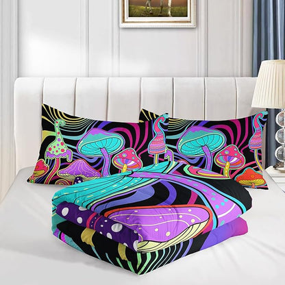 Colorful Mushroom Comforter Set Queen Size Kids 3D Mushroom Bedding Set Cute Hippy Theme Quilt Bed Set for Boys Girls Adults with 1 Comforter and 2 Pillowcases