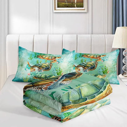 Datura home Sea Turtle Comforter Bedding Set for Kids Teens Adults,Watercolor Sea Turtle Light-Green and Blue Coral Seaweed Ocean Themed Comforter with 2 Pillowcases(Turtle Twin),Green Turtle