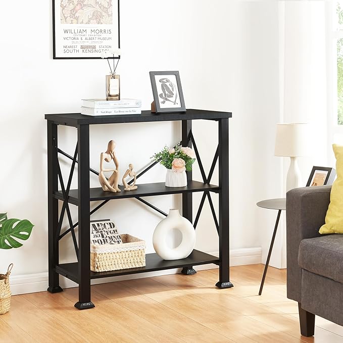 HOMBAZAAR Bookshelf, 3-Tier Industrial Bookshelf, Etagere Bookcases and Bookshelves, Small Bookshelf Storage Organizer, Freestanding Bookshelf for Living Room, Bedroom and Home Office,Black