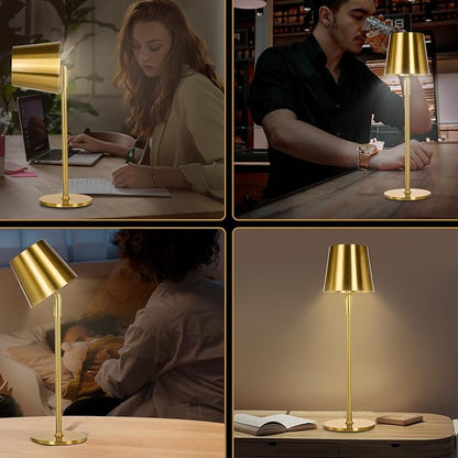 Cordless Table Lamp,Portable LED Desk Lamp, Battery Operated, 3 Color Stepless Dimming Up, for Restaurant/Bedroom/Bars/Outdoor Party/Camping/Coffee Shop Night Light。 (Gold)