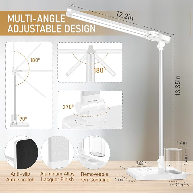 LED Desk Lamp Dimmable Table Lamp with USB Charging Port, 50 Lighting Modes, Adjustable Foldable Dual Swing Arm Architect Desk Lamp for Home Office, Eye-Caring Reading Lamp w/ Pen Holder 45min Timer