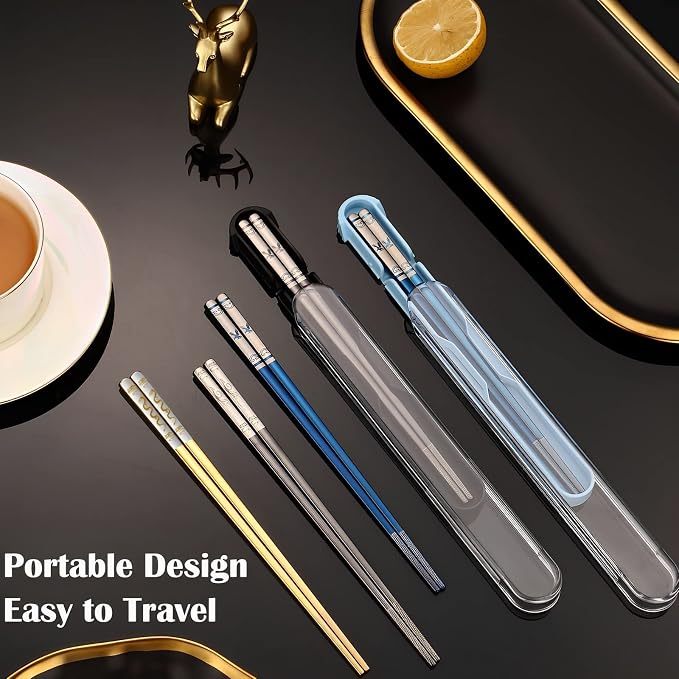 Travel Chopsticks with Case, Black Blue Eagle, 2 Pairs | Metal Stainless Steel, Titanium Plated, Reusable & Dishwasher Safe, For School, Home, Office, Outdoor, Bento Box Use