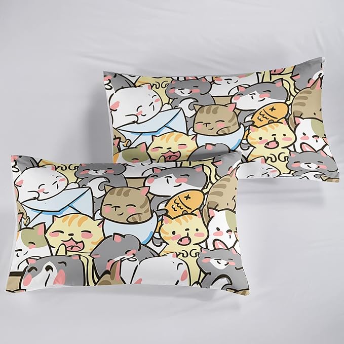 Kawaii Cat Comforter Twin Size,Cute Cat Comforter Set for Kids Teens Girls,3Pcs Bedding Set Printed Comforter with 2 Pillowcases,Down Alternative,Soft and Lightweight，Twin Size
