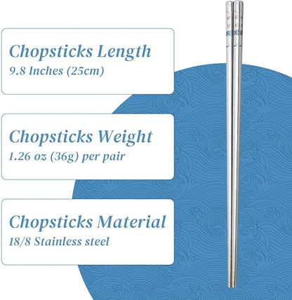 Stainless Steel Chopsticks, Titanium Plated Metal Chopsticks, 9.8" Premium Japanese Korean Color Laser Engraved Cooking Chop Sticks, Dishwasher Safe, Reusable, Anti-slip, Anti-scald, 2 Pairs Gift Set