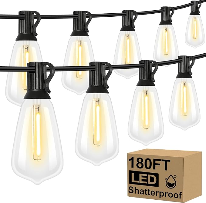 Brightever Outdoor String Lights 180FT, Patio Lights with 90+4 Dimmable ST38 Shatterproof LED Bulbs, Vintage Edison String Lights for Outside, Waterproof Bistro Lights for Halloween Backyard 2700K