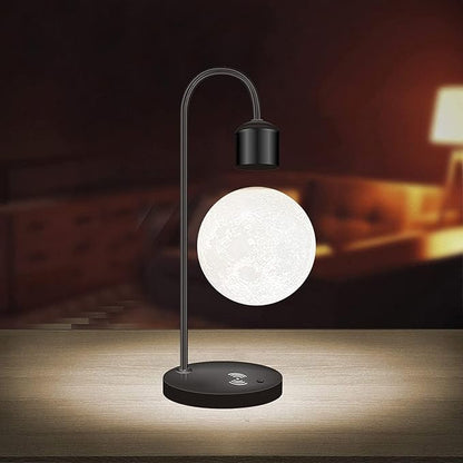 Unique Modern Levitating Moon Lamp with Built-in Qi Wireless Charger, Simplistic and Innovative Design, Warm Decorative LED Light for Home and Office (Black)