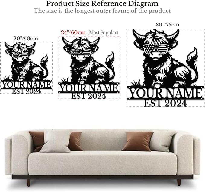 Personalized Highland Cow Name metal Signs,Custom Highland Cow Metal Shed Wall Decor,Black Metal Wall Art Plaques Outdoor wall Decorative Signage (Style C)