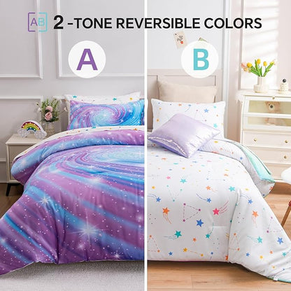 Btargot Super Soft 6 Pieces Gradient Star Ring Comforter Set, Colorful Glitter Rainbow Star Pattern Bedding Set for Boys Girls Teens, Queen Purple