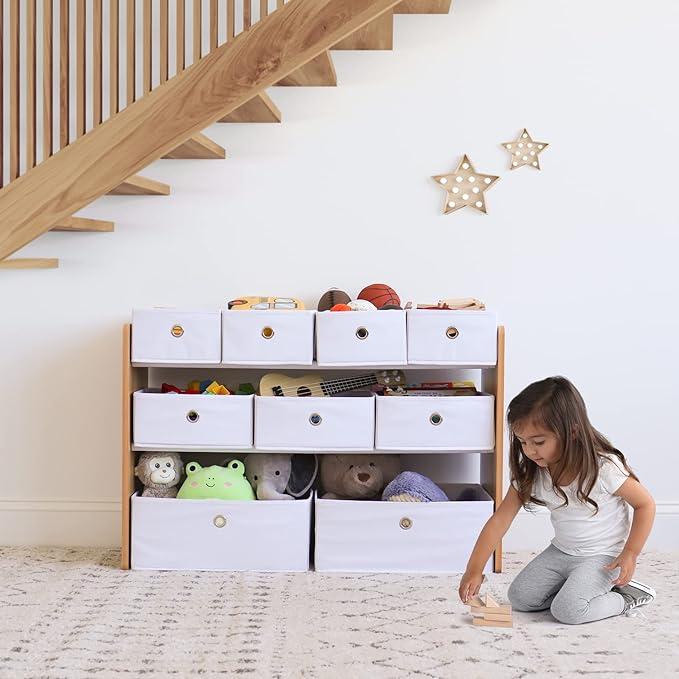 Humble Crew Kids Toy Organizer with 9 Collapsible Fabric Storage, Natural Wood and White Bins