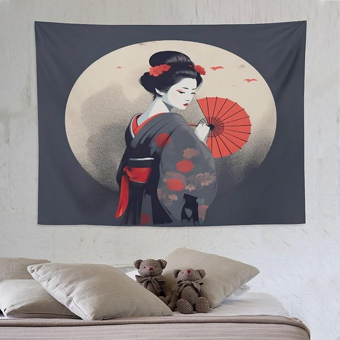 Japanese Woman Geisha Tapestry Asian Red Cherry Blossom Red Sun Traditional Kimono Folk Tapestries Home Decor for Living Room Bedroom Apartment Farmhouse Dorm 80"x60"