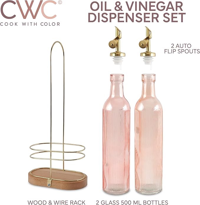 COOK WITH COLOR Glass Olive Oil Dispenser Bottle - 2 Pack, 17 oz Cruet - Elegant Carafe Decanter with Spout for Kitchen, Suitable for Vinegar, Coffee Syrups & Other Liquids