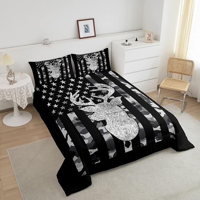 American Flag Bedding Set Deer Camo Comforter Set Twin For Kids Boys Teen Man,Western Rustic Black Grey Military Camouflage Bedding Comforters Hunting Deer Antlers Quilt Duvet For All Season 2 Pcs