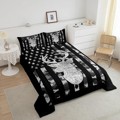 American Flag Bedding Set Deer Camo Comforter Set Twin For Kids Boys Teen Man,Western Rustic Black Grey Military Camouflage Bedding Comforters Hunting Deer Antlers Quilt Duvet For All Season 2 Pcs