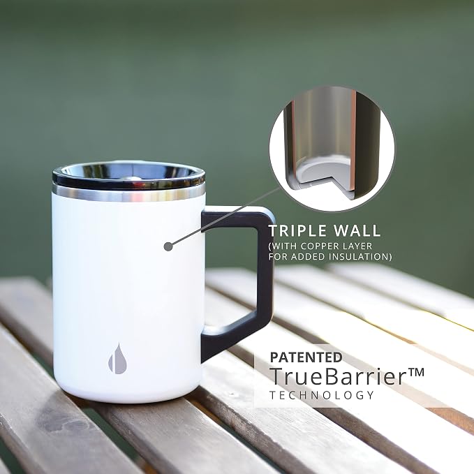 Elemental Insulated Coffee Mug - Triple-Wall Stainless Steel Summit Travel Cup for Hot and Cold Drinks - Thermal Coffee Mug with Lid and Handle for Camping, Office & Travel 16oz - White