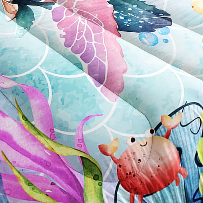 Datura home Kids Comforter Set Mermaid Scale Turtle Printed Pattern Bedding Set with 1 Comforter and 2 Pillowcases for Girls Boys Bedroom All Season(Turtle Queen)