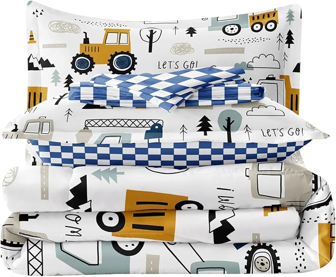 4-Pcs Construction Twin Size Boys Bedding Set, Kids Comforter Set for Teens w/Sheets and Pillowcase, Soft Cartoon Tractor Cars Bed in a Bag Sets