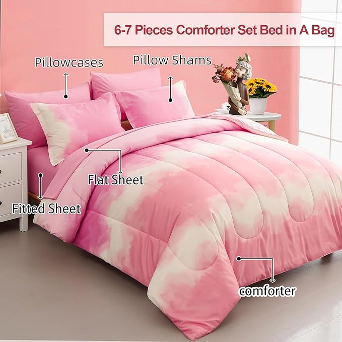 Dinjoy Girls Comforter Set Twin Size Colorful Rainbow Ombre Pink Bedding Set Gradient Soft Lightweight 6 Pieces Bed in A Bag for Kids Teen Women(1 Comforter, 1 Flat Sheet, 1 Fitted Sheet)