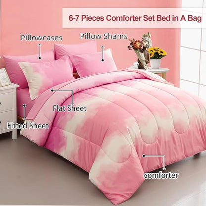 Dinjoy Girls Comforter Set Twin Size Colorful Rainbow Ombre Pink Bedding Set Gradient Soft Lightweight 6 Pieces Bed in A Bag for Kids Teen Women(1 Comforter, 1 Flat Sheet, 1 Fitted Sheet)