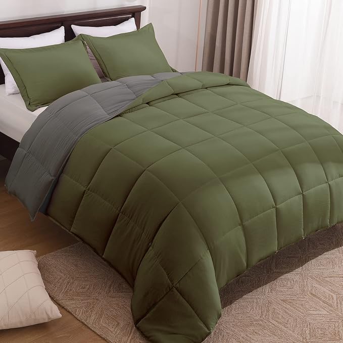 Basic Beyond Queen Comforter Set - Fluffy Comforter Queen Set for All Seasons - Reversible Olive Green Queen Comforter Set for Mens - 3 Pieces (1 Comforter + 2 Pillow Shams) - Olive Green/Drak Gray