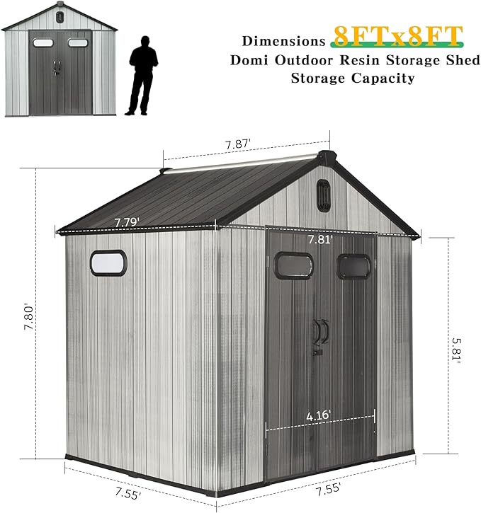 Domi 8x8FT Resin Outdoor Storage Shed with Lockable Door, Waterproof Outside Sheds with Windows & Vents, Heavy-Duty Plastic Tool Storage Shed for Patio Furniture, Lawn Mower, Bike