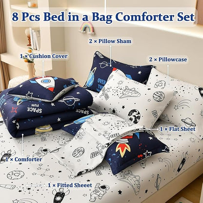 8 Piece Kid Comforter Set Twin Size Bed in a Bag, Space Rocket Bedding Set for Teen Boys Girls