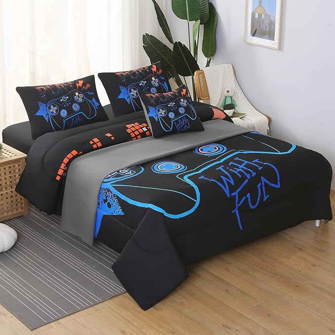 JQinHome Twin Gaming Comforter Sets for Boys,6 Piece Bed in A Bag 3D Video Game Bedding -All Season Soft Microfiber Gamer Bedding Sets for Kids, Pillowcase, Flat Sheet, Fitted Sheet,Cushion Cover
