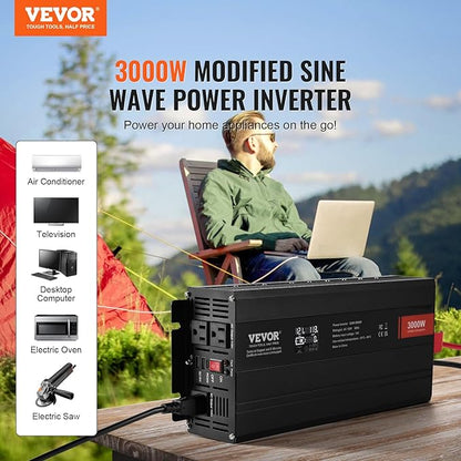 VEVOR Modified Sine Wave Inverter, 3000Watt Power Inverter DC 12V to AC 120V LCD Display with 3 AC Outlets 2 USB Port 1 Type-C Port 10 Spare Fuses, for Large Household Equipment, CE FCC Certified
