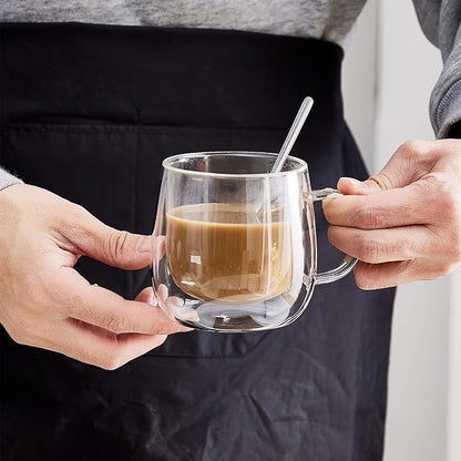 Double Wall Glass Coffee Mugs 10 Oz with Handle - Set of 2 | Insulated Clear Espresso Coffee Mug with Handle, Double Walled Coffee Cups for Cappuccino, Latte, Tea, Hot Drinks