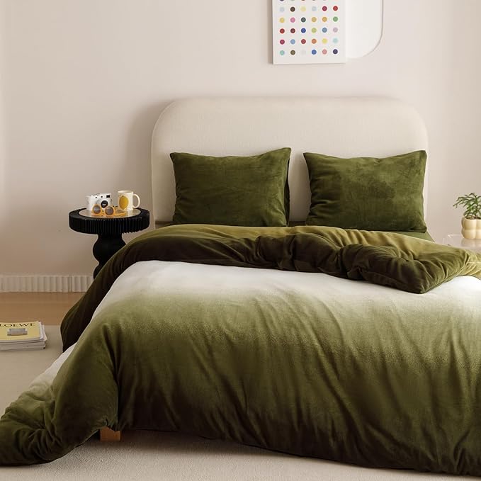 Wellboo Army Green Gradient Comforter Sets Full Green White Fluffy Bedding Comforters Modern Gradient Dark Green Flannel Quilts Farmhouse Abstract Art Watercolor Comforters Sherpa Fuzzy Plush Bedding